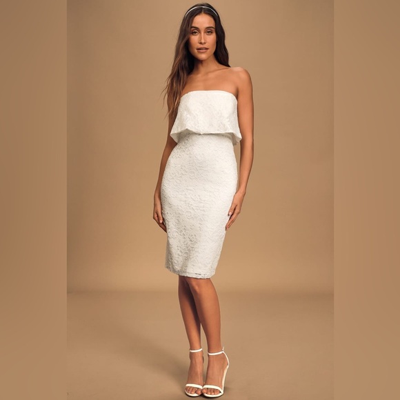 NWT LULUS LET’S GO OUT TONIGHT WHITE LACE STRAPLESS BODY CON DRESS SIZE MEDIUM - Picture 2 of 16